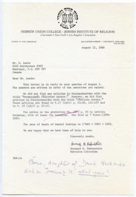 Letter, Reply to reference request from Hebrew Union College