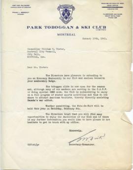 Letter of notice, Honorary Membership in the Park Toboggan & Ski Club