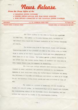 News release on the occasion of the publishing of "History of the Jews in Canada"