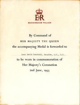 Invitation to Her Majesty's Coronation addressed to Leon Crestohl, accompanying medal