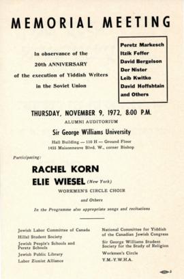 Bulletin for the Memorial Meeting for the 20th Anniversary of the Execution of Yiddish Writers in the Soviet Union