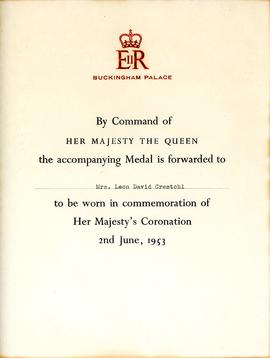 Invitation to Her Majesty's Coronation addressed to Mrs. Leon Crestohl, accompanying medal