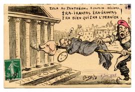 Postcard, [Zola on a spit being being carried into the Pantheon] "Zola au Pantheon- a coups de ... beliers"