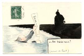 Postcard, [Zola drowning holding rolled paper with 'J'accuse' written on it, German soldier in silhouette on shore]"-Au secours! (extrait du Psst)"