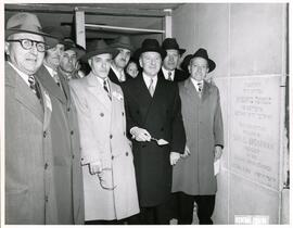 Group portrait with cornerstone (laid by Samuel Bronfman), Dedication Ceremony for New Library Building (at 4499 Esplanade), Jewish Public Library.