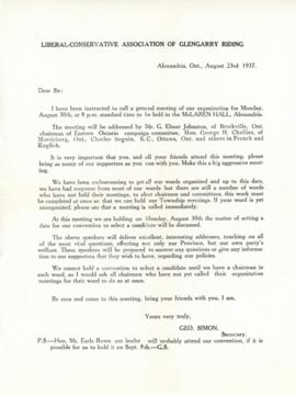 Letter calling for a general meeting of the Liberal-Conservative Association of Glenngarry