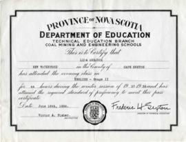 Certificate of attendance issued by Province of Nova Scotia, Department of Education to Lipa Medjuck