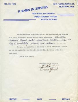 Signed contract engaging the recording services of H. Rabin Enterprises