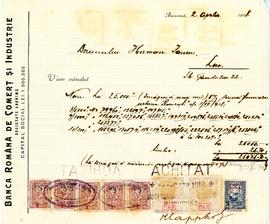 Receipt to Hermann Iancu issued by the Romanian Bank of Commerce and Industry
