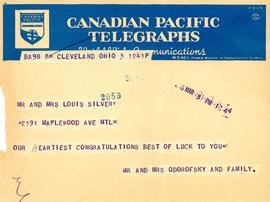 Congratulatory telegram for Debbie Mayman's parents' engagement from Mr. and Mrs. Odorofsky and family