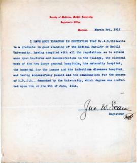 Letter, Graduation certification, Faculty of Medicine, McGill University