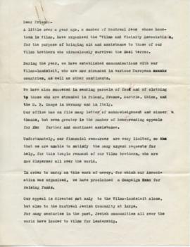Fundraising appeal letter, Vilno & Vicinity Association