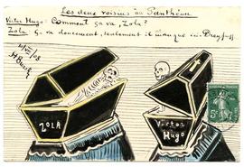 Postcard, [Two skeletons in conversation, coffins indicate Victor Hugo and Zola] "Les deaux voisins au Pantheon"