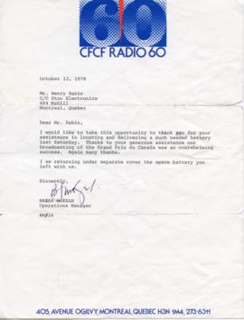 Letter from CFCF Radio 60 to Henry Rabin