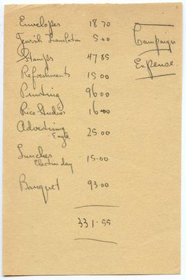 Handwritten list of campaign expenses