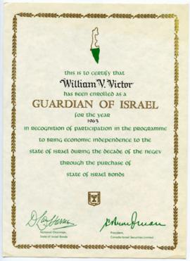 Certification of WIlliam V. Victor as a Guardian of the state of Israel from State of Israel Bonds