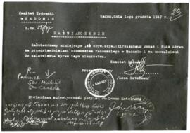 Certificate of membership, Komitet Zydowski w Radomiu