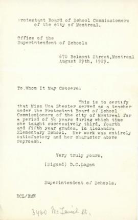 Letter certifying Una Shecter as a teacher with the Protestant Board of School Commissioners of the City of Montreal