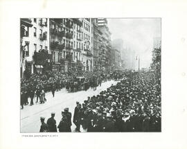 Portrait of Sholom Aleichem's funeral procession, view of street and crowd, New York.